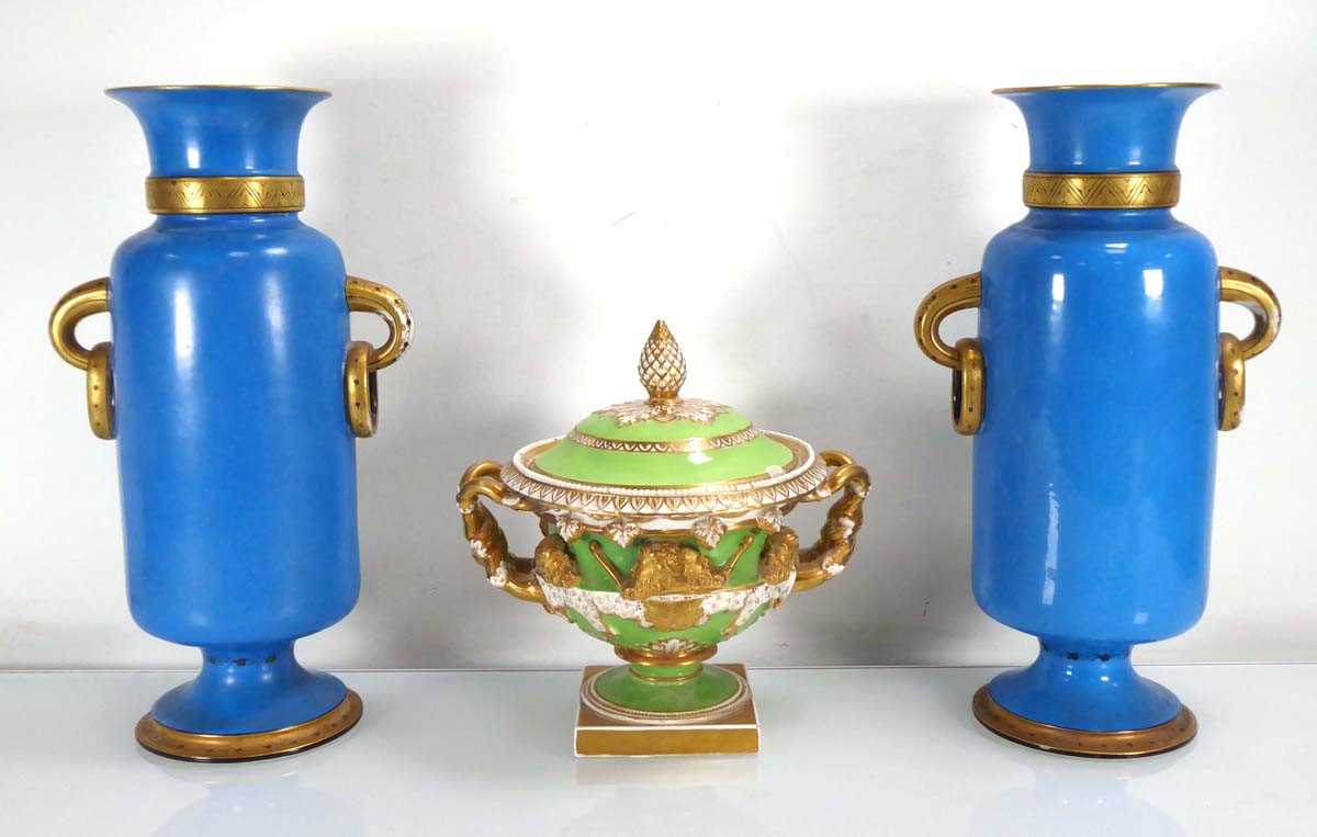 A pair of late 19th century vases of classical form, each with ring handles and decorated with a - Image 2 of 7
