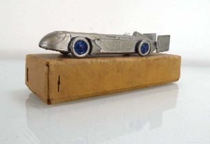 An English cast metal model of the Silver Bullet land speed car, l. 17 cm, boxed
