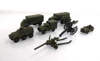 Eight Britains and Dinky military models including an armoured command vehicle, artillery models