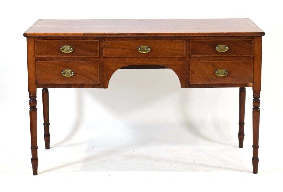 A 19th century mahogany, crossbanded and ebony strung kneehole table with a shaped apron, five - Image 2 of 3