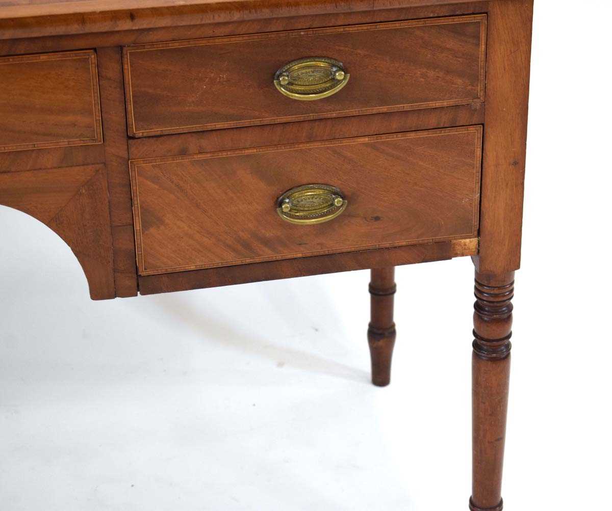 A 19th century mahogany, crossbanded and ebony strung kneehole table with a shaped apron, five - Image 3 of 3
