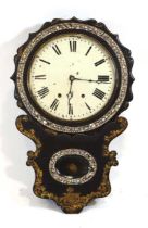 A 19th century black lacquered and mother-of-pearl inlaid drop-dial wall clock with a painted dial