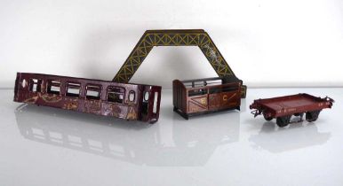 A group of Hornby O gauge rolling stock, bridge, level crossing, signals etc. (qty) (af) In need