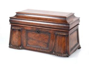 A 19th century mahogany tea caddy with architectural mouldings, the interior with two removeable