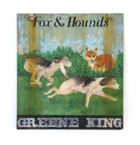 A Greene King 'Fox & Hounds' hand-painted double-sided public house sign, 92 x 84 cm