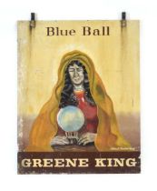 A Greene King 'Blue Ball' hand-painted double-sided public house sign, signed Arthur J. Woollard