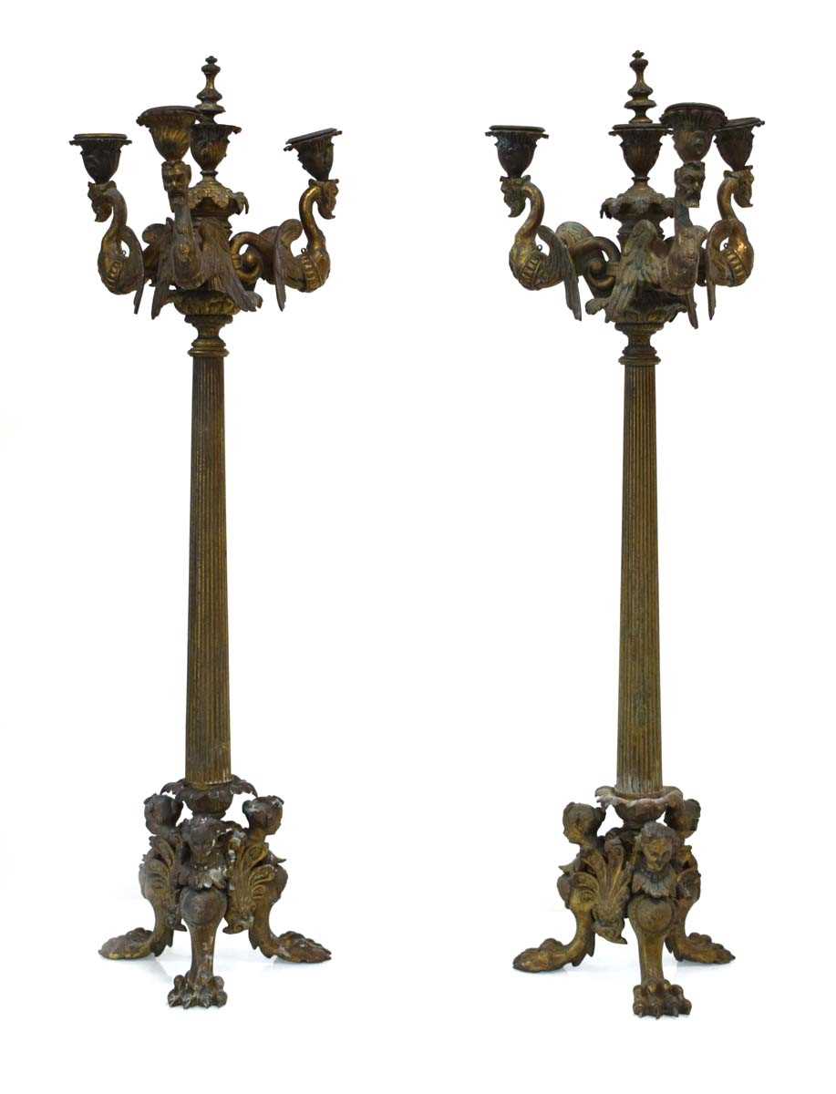 A pair of late 19th century French cast metal and gilded candelabrum with figural masks and claw - Image 2 of 2