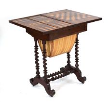 A Victorian figured walnut and marquetry games table, the folding swivel surface inlaid with a games