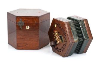 A 19th century forty eight button rosewood concertina by C. Wheatstone of London, in a rosewood