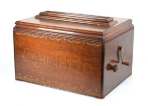 A Victorian 'Cabinetto' barrel organ with a mahogany case, gilded letters and two paper labels to