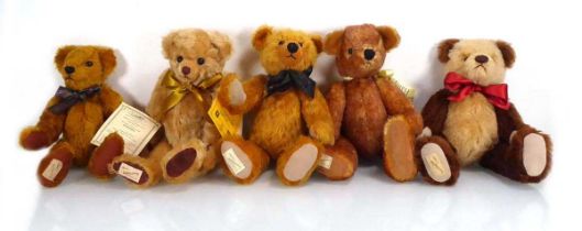 Five Deans Rag book bears: 'Humphrey', 'Hunter', 'Hector' and two others (5)