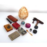 A small group of collectables including seals, pocket compasses, miniature globe, a pack of