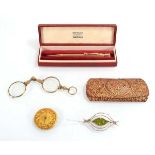 A boxed Yard-O-Led rolled gold pencil together with a cased pair of lorgnettes, a gilt buckle and