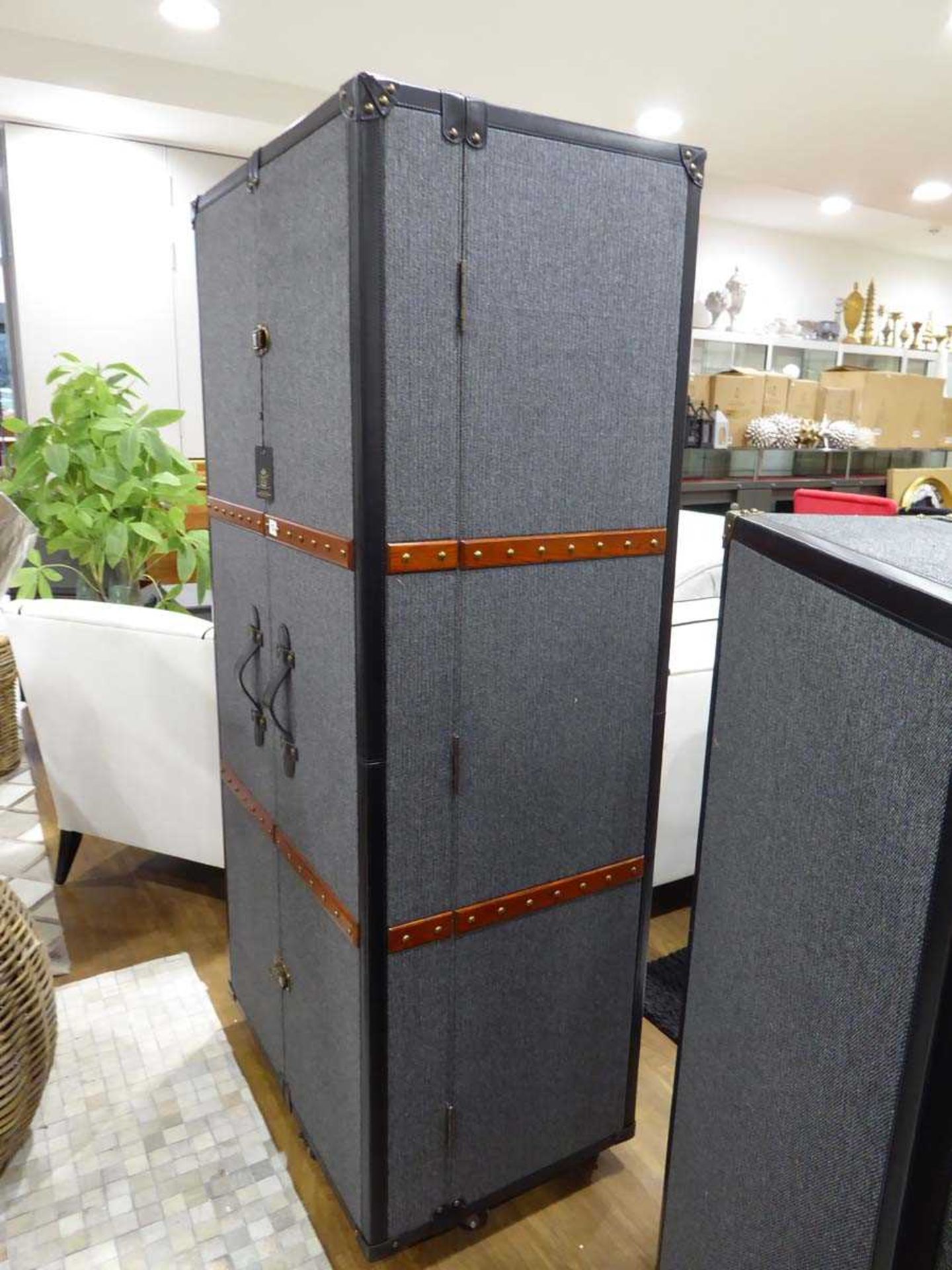 +VAT Hampton fabric covered and oak lined free standing bar cabinet on wheels (height 169cm) - Image 5 of 5