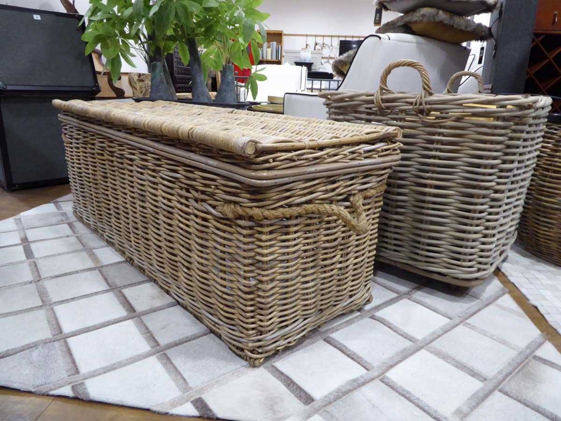 +VAT Large wicker 3 compartment hamper together with smaller wicker container on wheels ( not