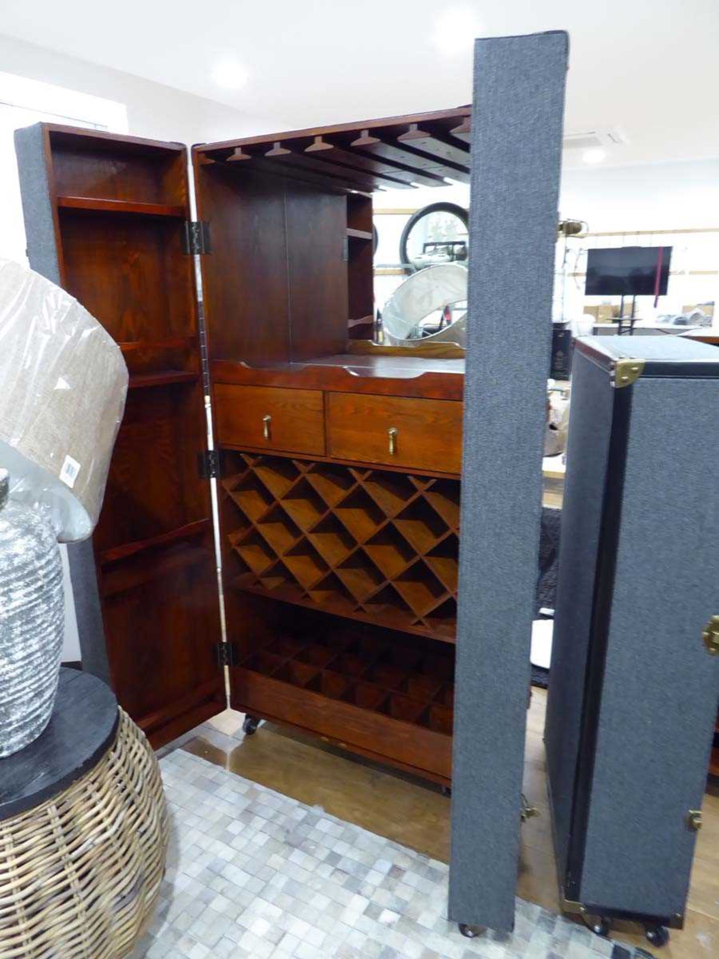 +VAT Hampton fabric covered and oak lined free standing bar cabinet on wheels (height 169cm)