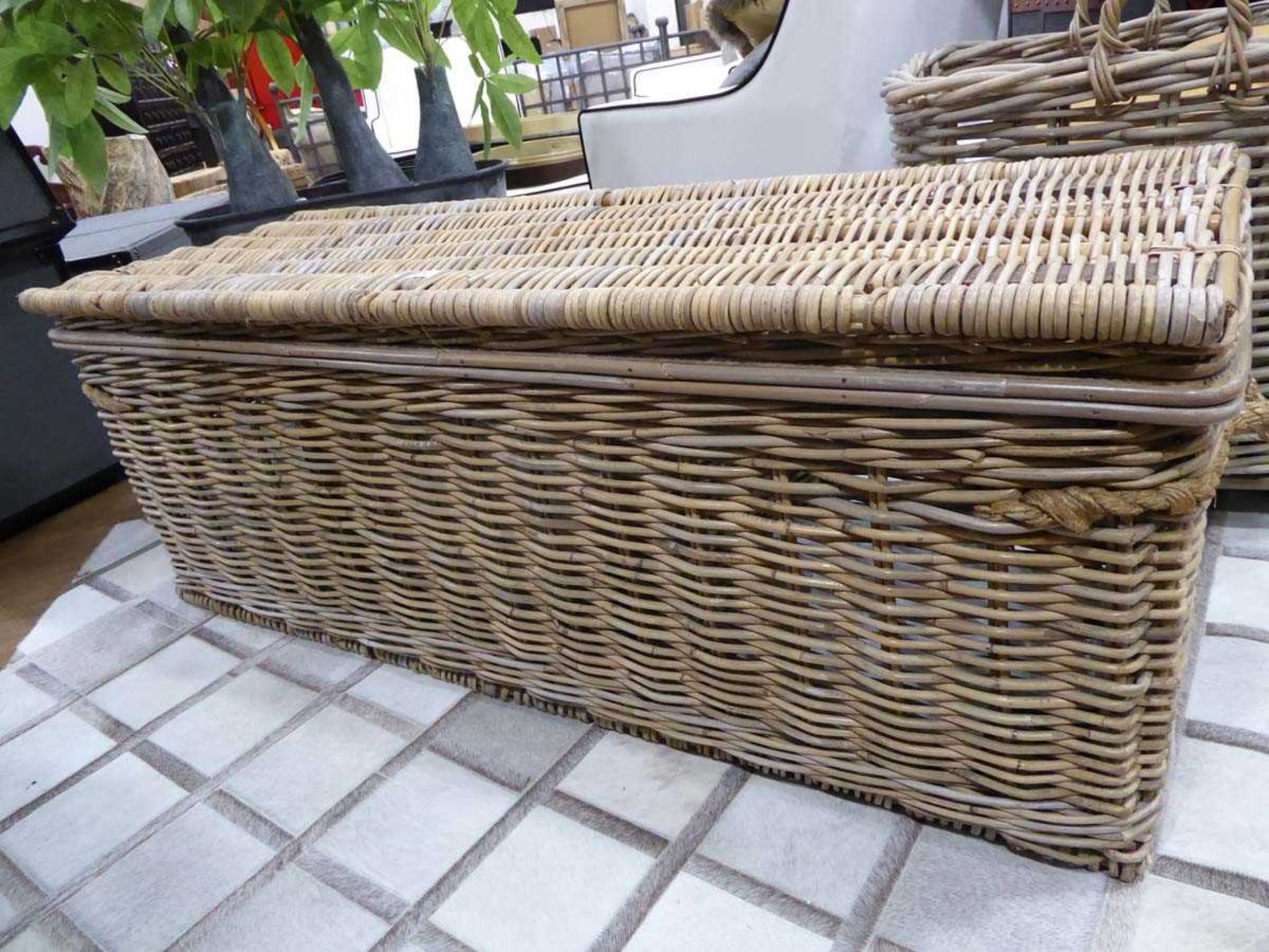 +VAT Large wicker 3 compartment hamper together with smaller wicker container on wheels ( not - Image 2 of 4