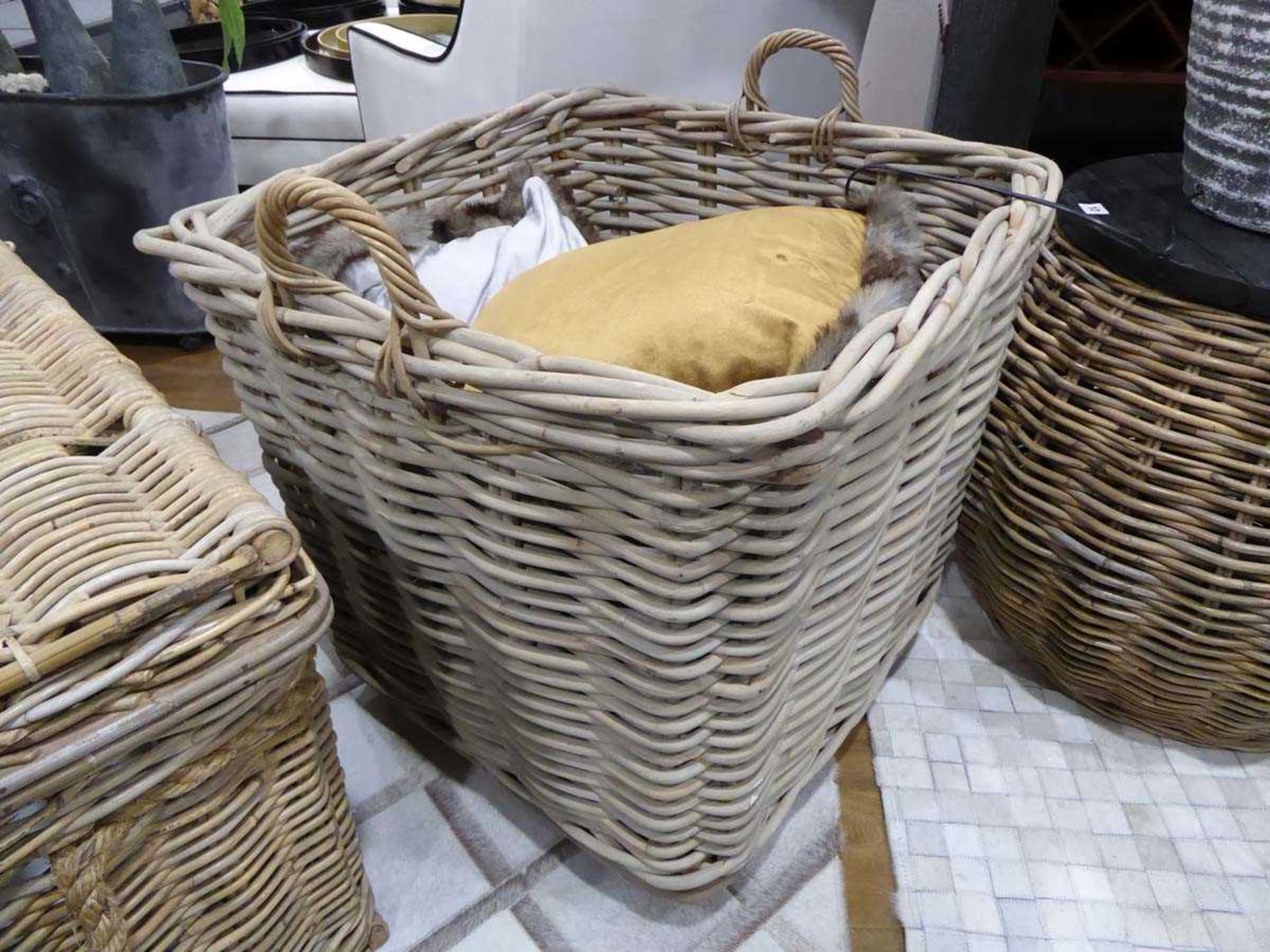 +VAT Large wicker 3 compartment hamper together with smaller wicker container on wheels ( not - Image 4 of 4