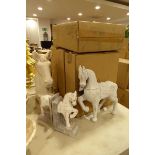 +VAT 4 boxes of white wooden horses together with a horses head and pair of book ends