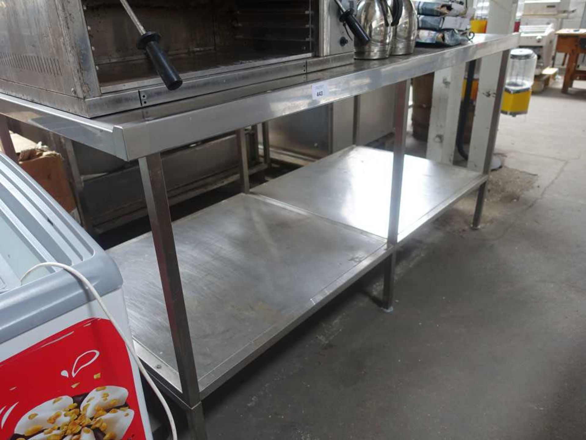 +VAT 200cm stainless steel preparation table with a hole cut out for waste disposal and shelf