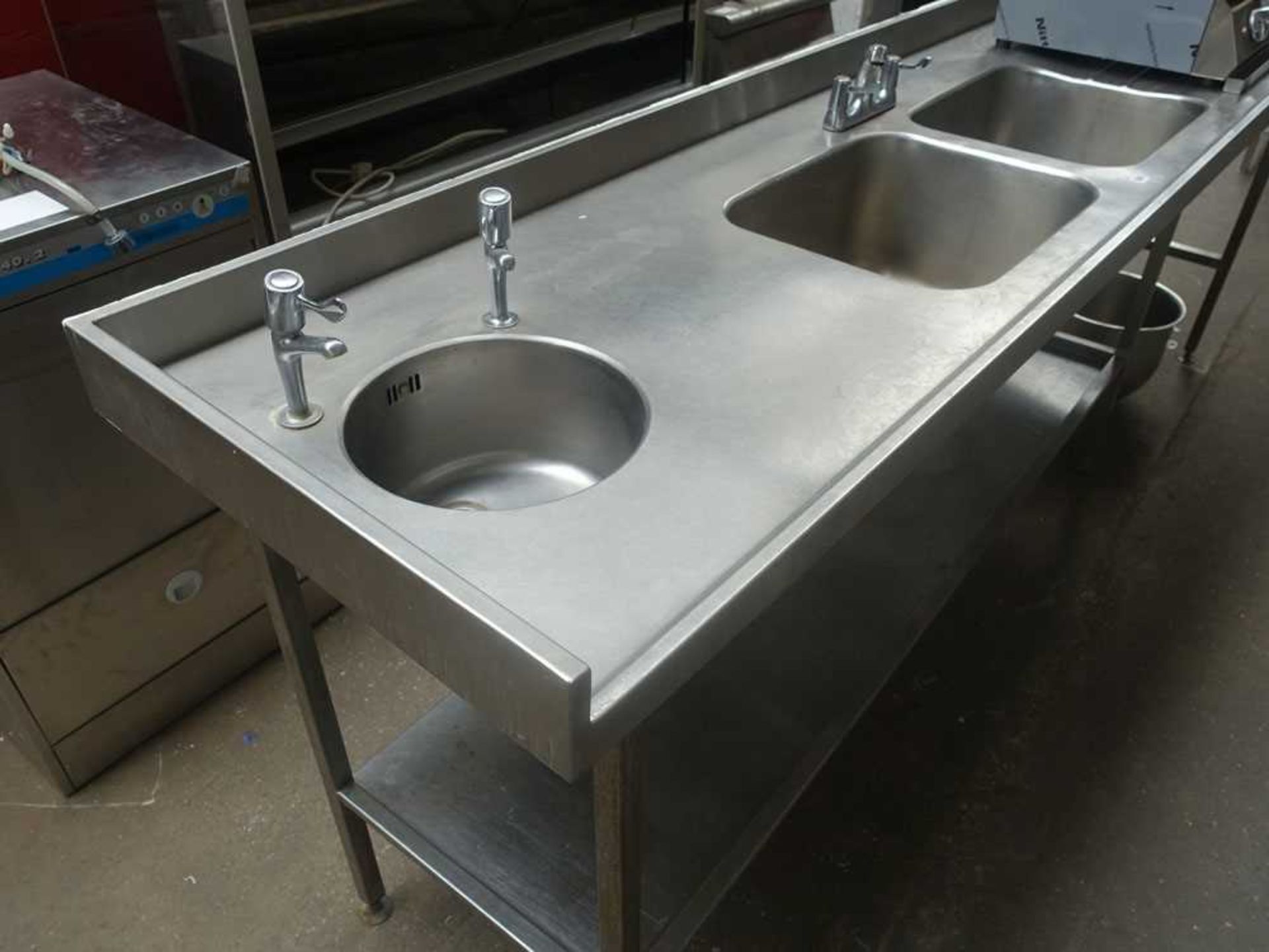 260cm stainless steel double bowl sink unit hand basin with tap set and shelf under - Image 3 of 6