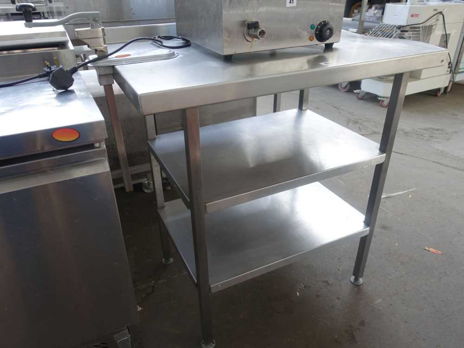 90cm stainless steel preparation table with 2 shelves under and bench mount can opener