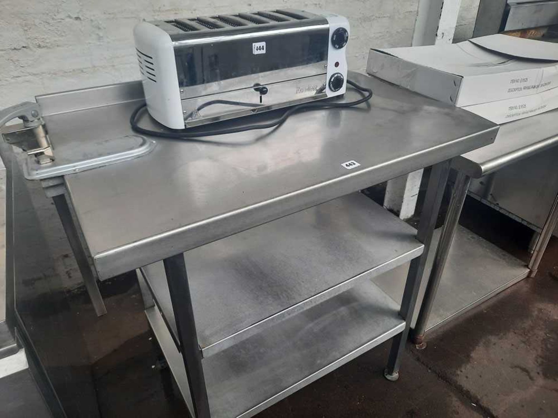 90cm stainless steel preparation table with 2 shelves under and bench mount can opener - Image 3 of 4