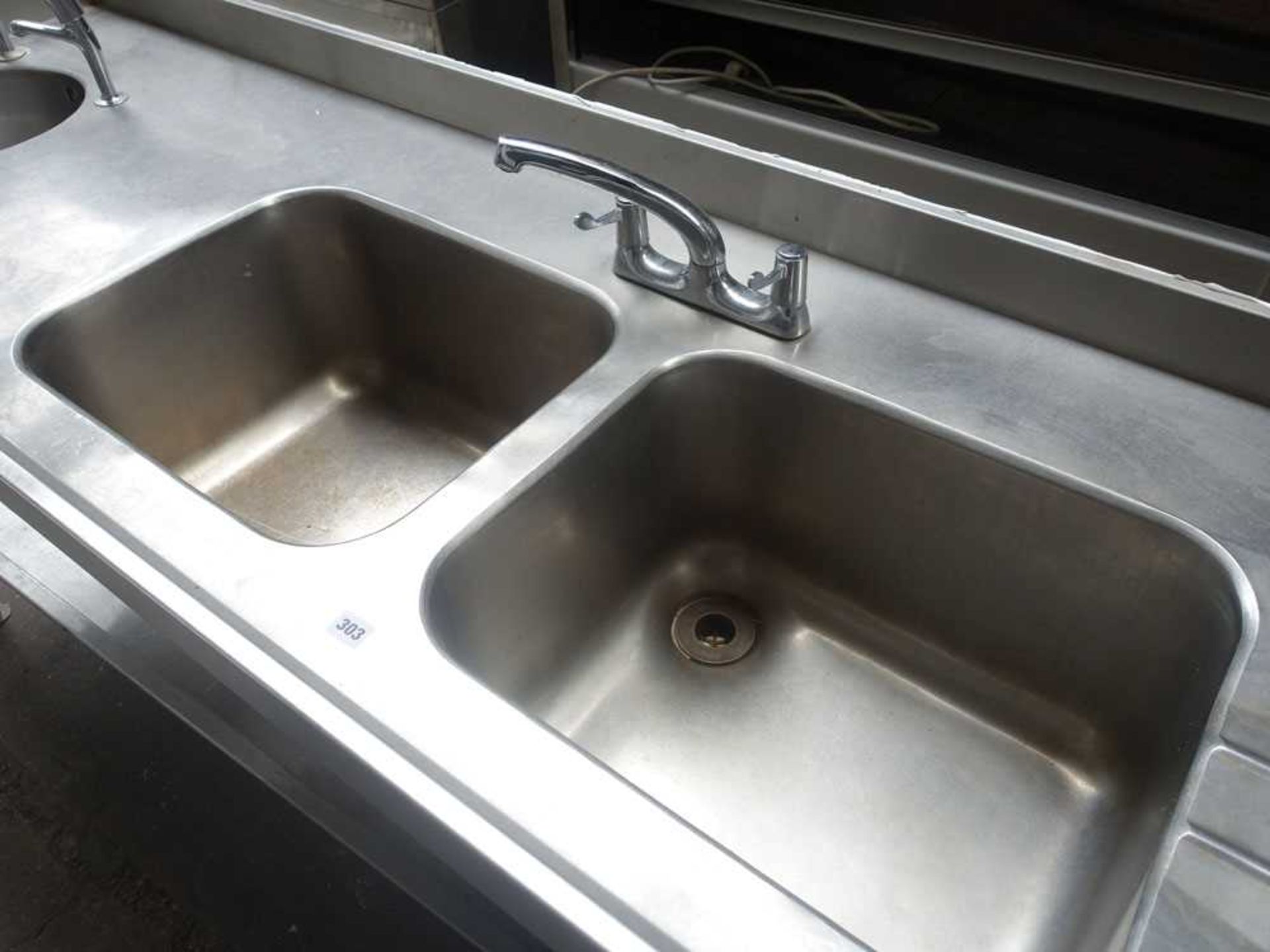 260cm stainless steel double bowl sink unit hand basin with tap set and shelf under - Image 5 of 6