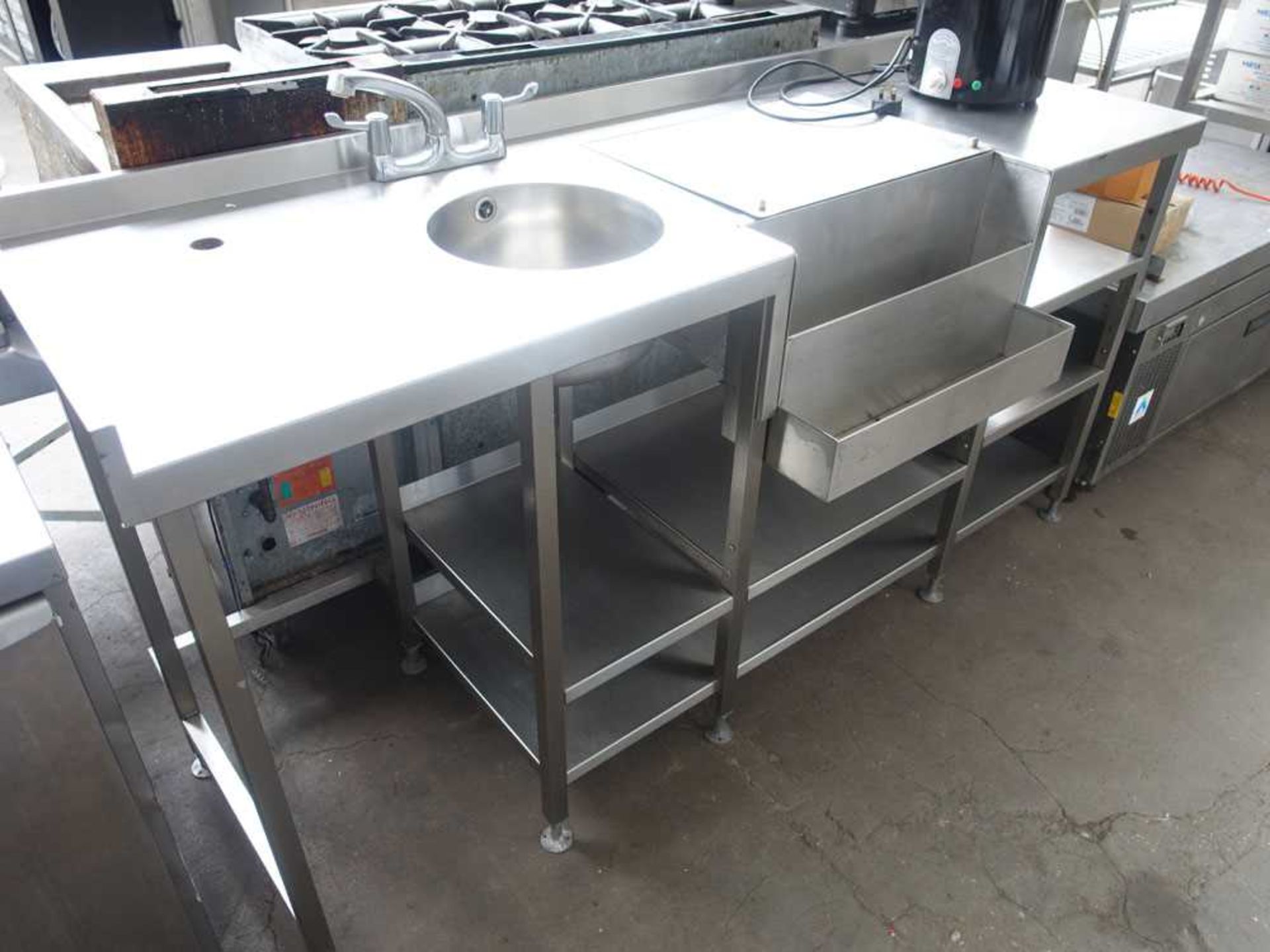 185cm stainless steel back bar area with hand basin, bottle dump, tap set, shelves etc