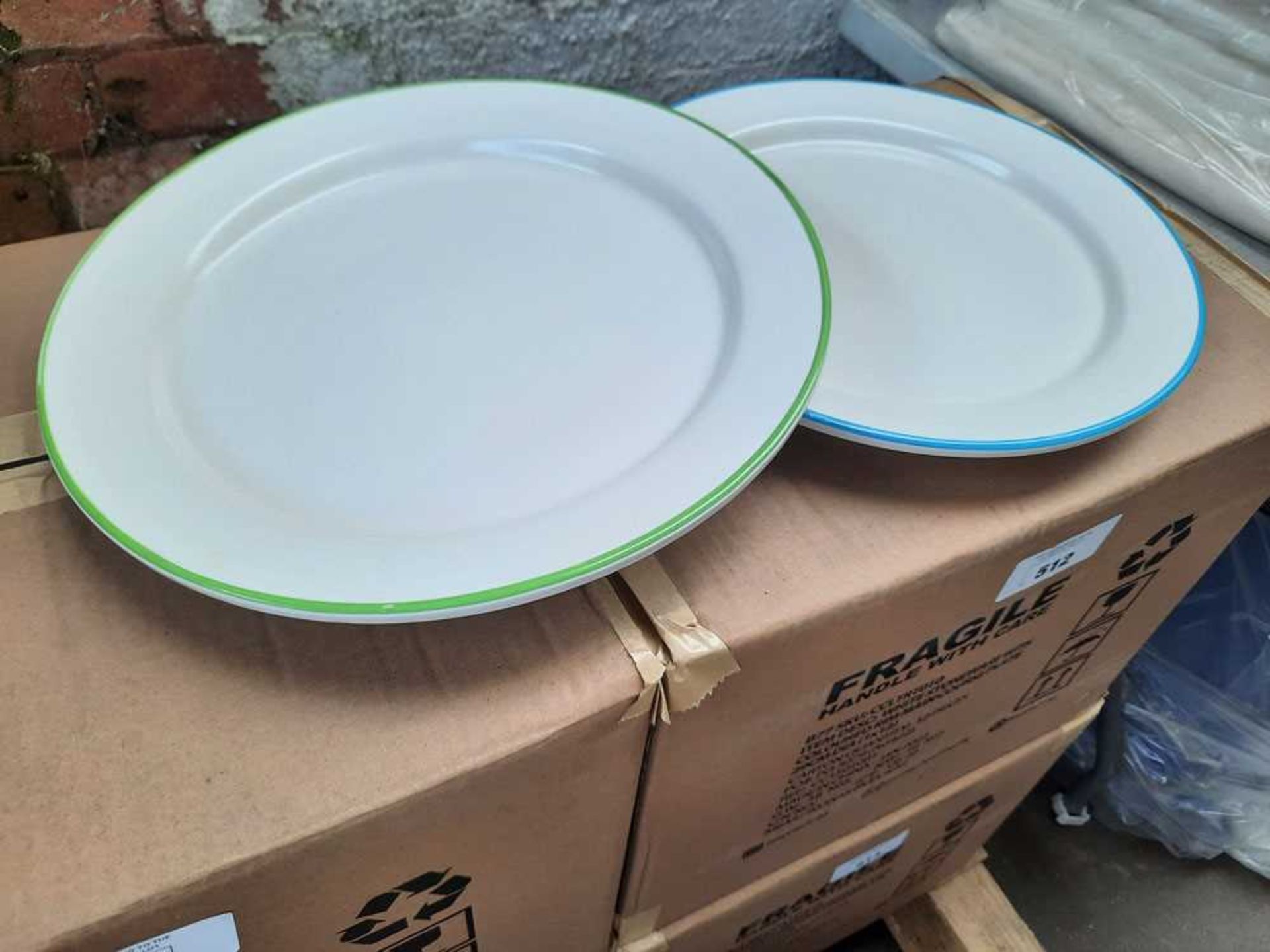 +VAT Box of 12 stoneware main course dinner plates with multicoloured rims, 29cm