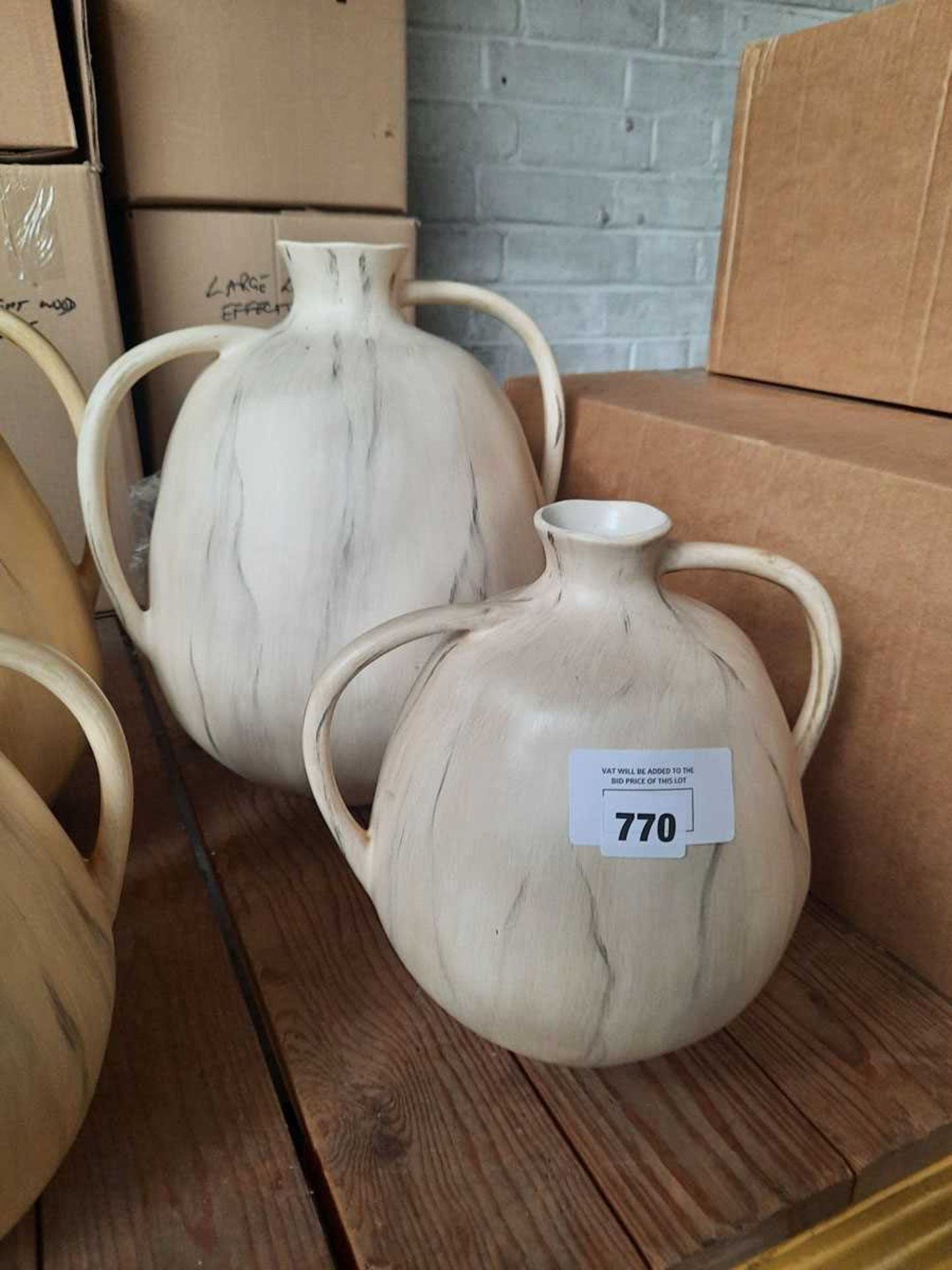 +VAT 1 large and 1 small white coloured wood effect vases