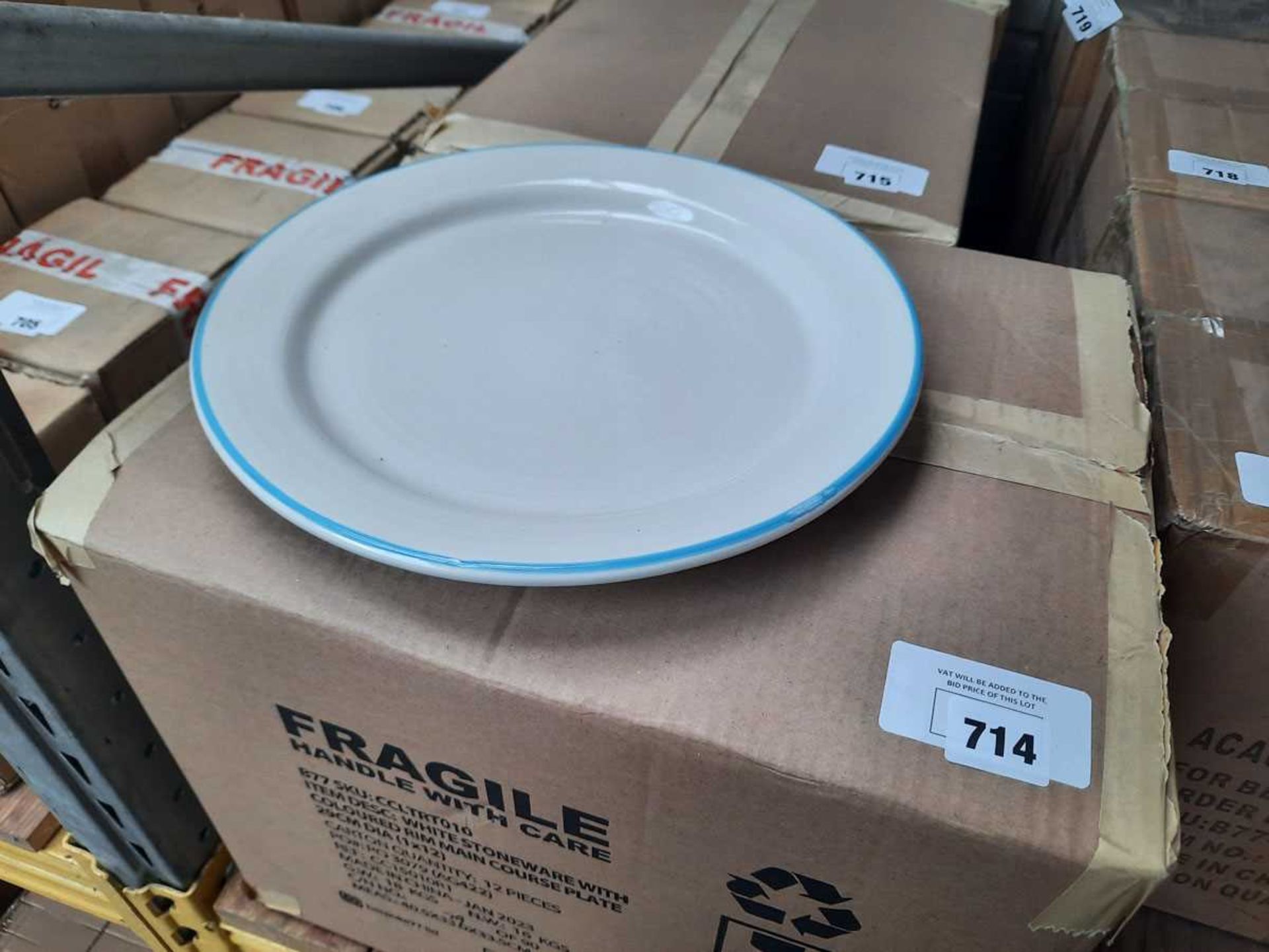 +VAT 1 box of 12 29cm stoneware dinner plates with multi coloured rims