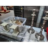 +VAT Pair of metallic candlesticks and a box containing ornaments
