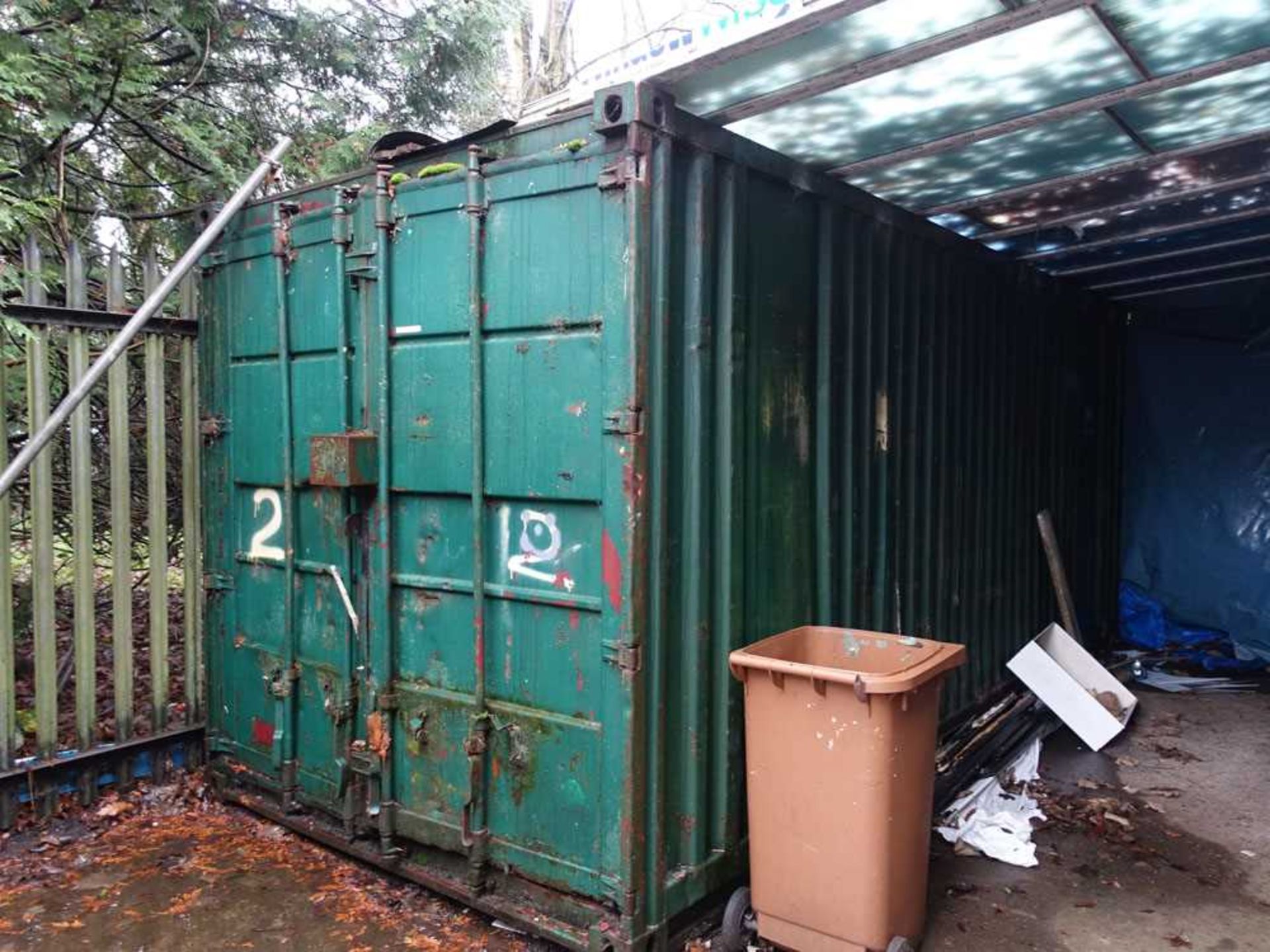 +VAT 20ft green shipping container with double doors and contents of UPVC sills and profiles etc,