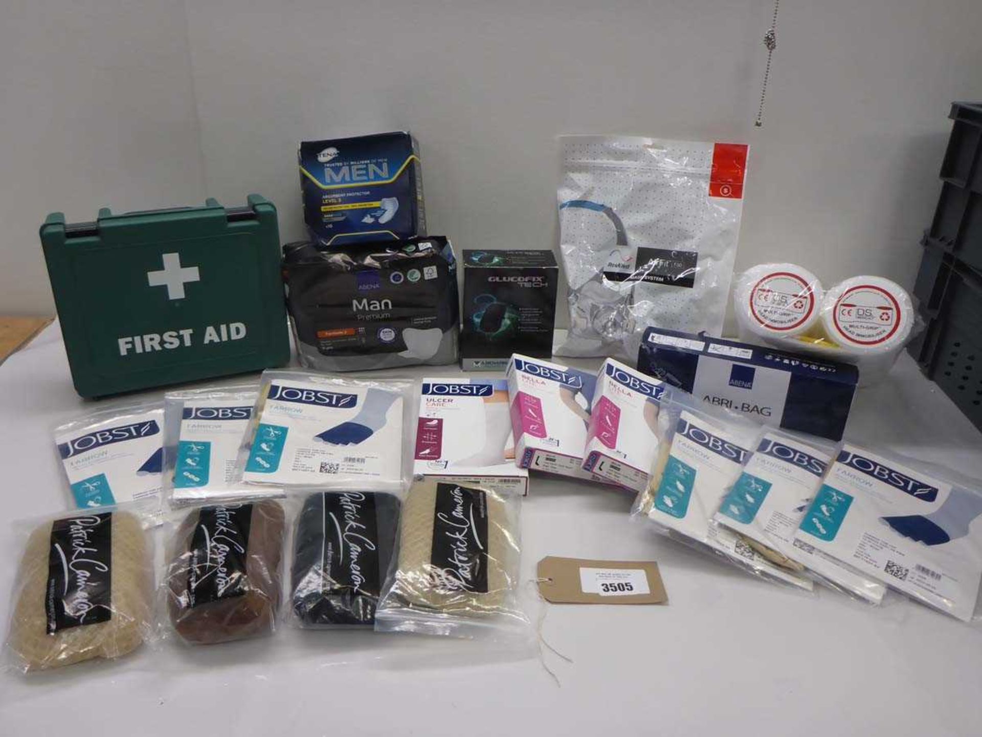 +VAT Medical arm & feet compression garments, First Aid kit, GlucoFix Tech monitor, Abri bag, Head