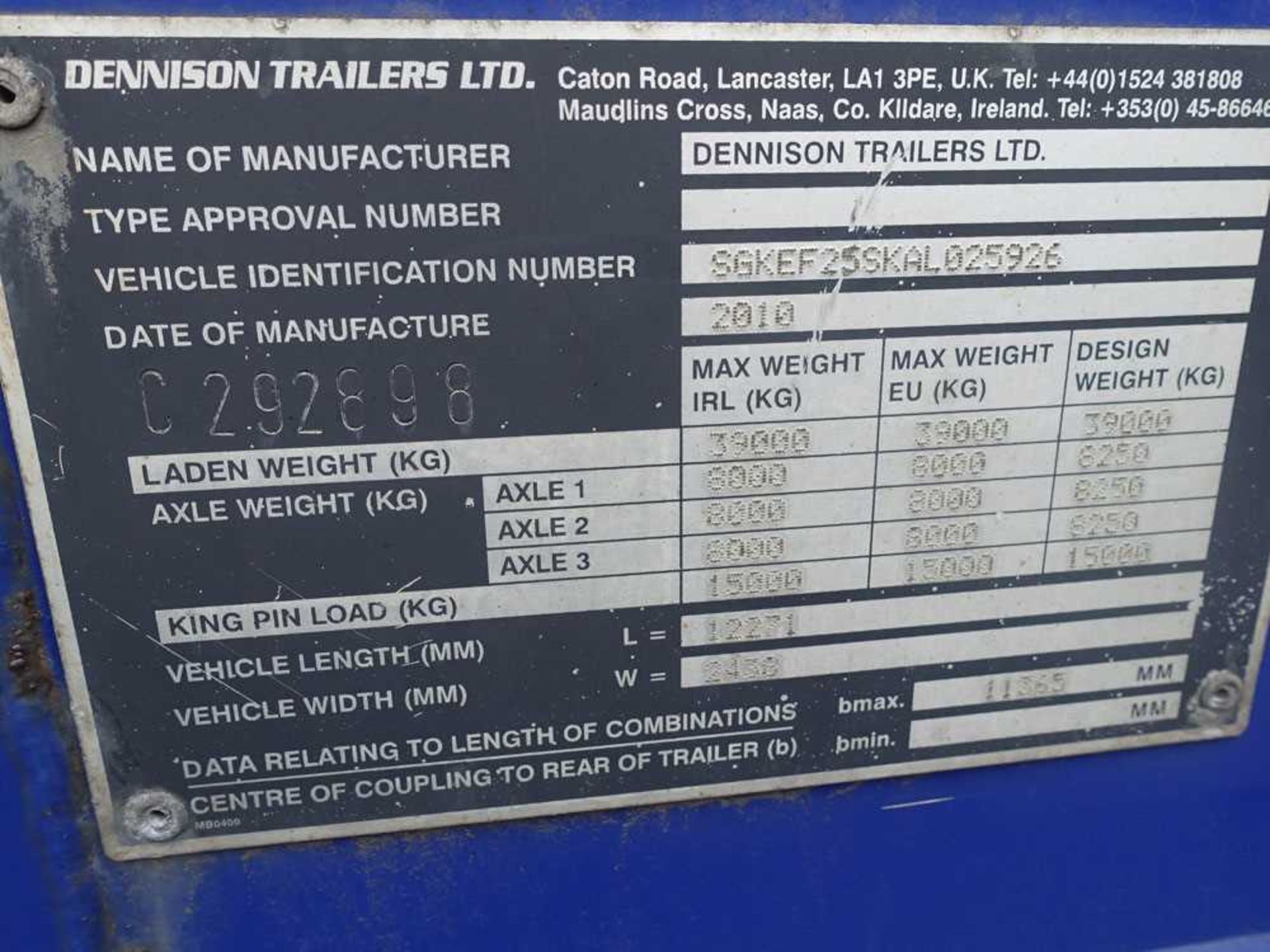 +VAT Dennison skeletal triaxle container trailer - 2010 39 tonne gross weight s/n C292898 - Image 3 of 8