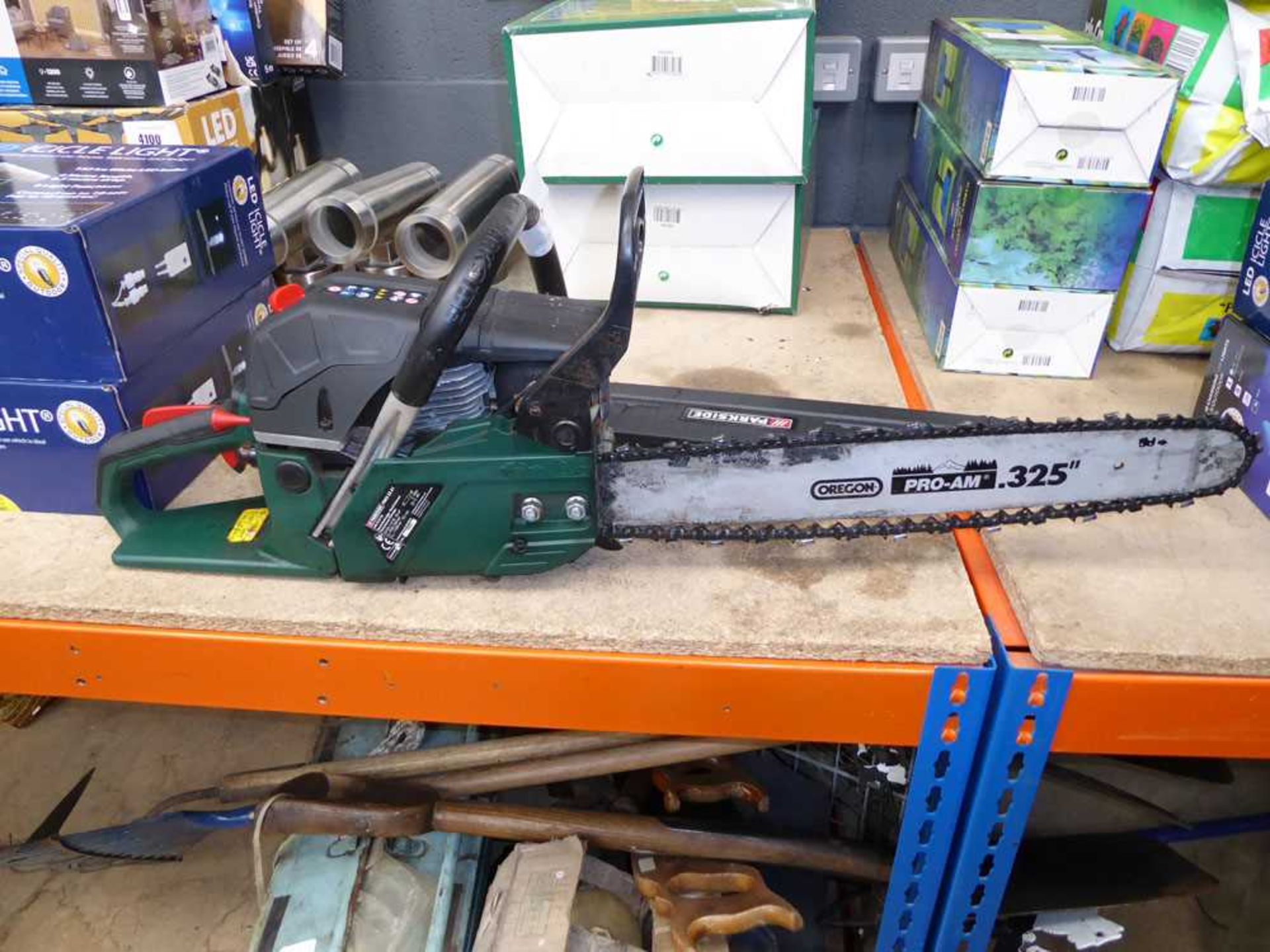 Parkside green petrol powered chainsaw