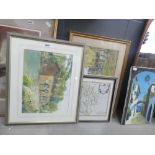 3 watercolours, country houses and cottages plus a map of Bedfordshire