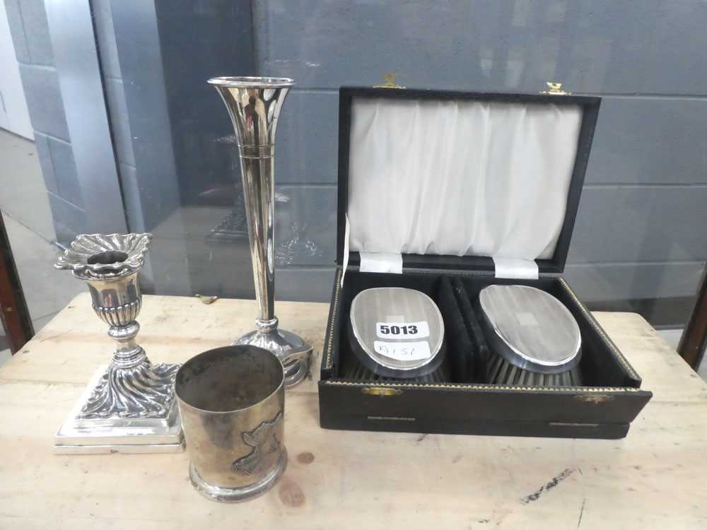 Silver candlestick, vase, christening mug and pair of brushes