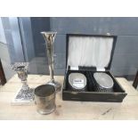 Silver candlestick, vase, christening mug and pair of brushes