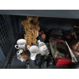 +VAT Cage containing resin oriental figures, floral patterned mugs, teapot, ornamental elephants and