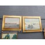 2 oils on board of sea shore with pier and tug boat in harbour