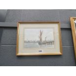 Watercolour of fishing boats in harbour