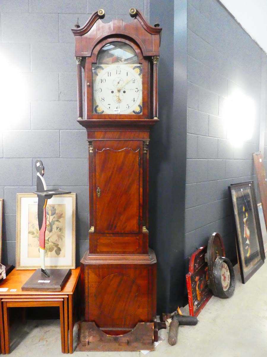 A 19th century longcase clock, the movement striking on a bell, the painted face with Roman