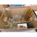 Box containing decanter, vases, sundae dishes, wine glasses and an amber glass jug