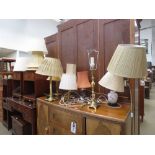 Quantity of brass and ceramic table lamps with shades (seven in total)