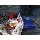 Cage containing pottery sets, china plates and boxed glasses and small parcel silverware