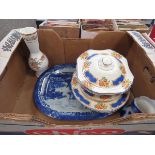 Box containing floral patterned tureen, side and dinner plates, blue and white meat platter and