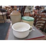 Tin with glass pebbles, chamber pot and two tone flagon