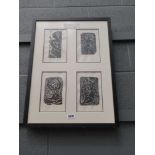 Four panelled linocut depicting nude figures